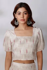 Set Of 2- White Ikkat Crop Top with White Ikkat Gathered Skirt image 5