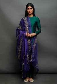 Bottle Green Raw Silk Straight Kurta image 1