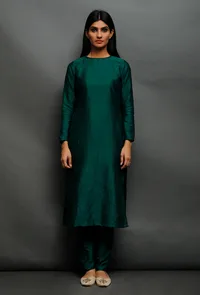 Bottle Green Raw Silk Straight Kurta image 2