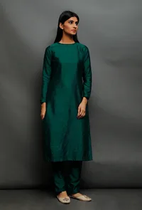 Bottle Green Raw Silk Straight Kurta image 3