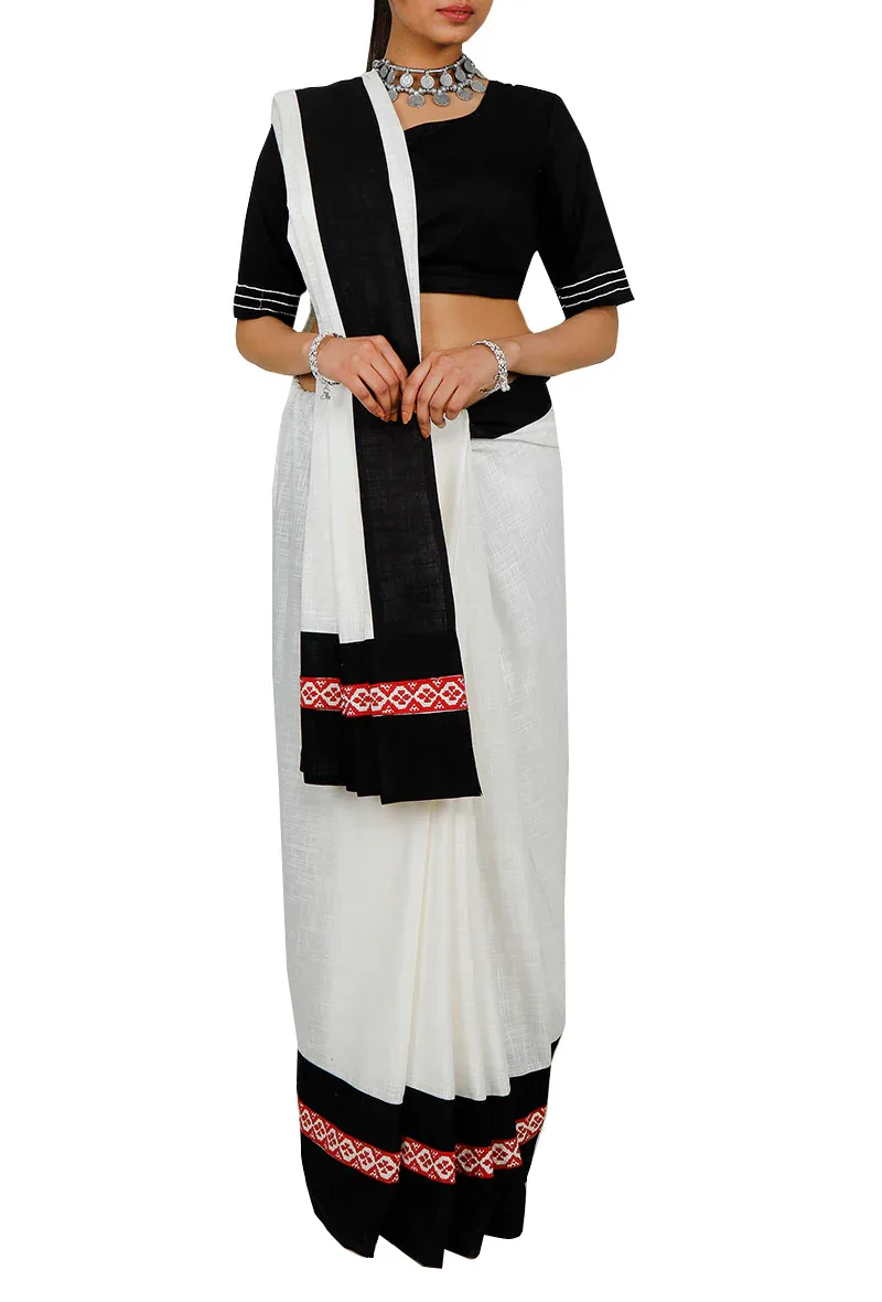 White & Black Cotton and Red Thoda Embroidery Pati Saree