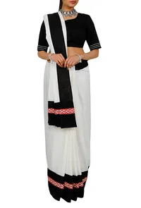 White & Black Cotton and Red Thoda Embroidery Pati Saree image 1