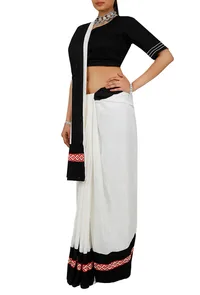 White & Black Cotton and Red Thoda Embroidery Pati Saree image 2
