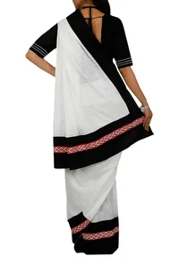 White & Black Cotton and Red Thoda Embroidery Pati Saree image 3