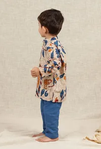 Set Of 2: Aaron Beige Cream Kalamkari Printed Cotton Kurta & Blue Pyjama image 2