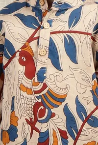 Set Of 2: Aaron Beige Cream Kalamkari Printed Cotton Kurta & Blue Pyjama image 4