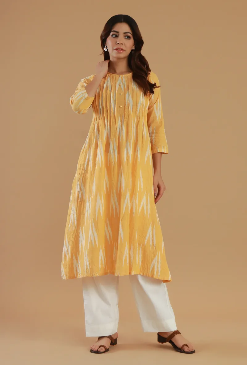 Yellow Ikat Gathered Cotton Kurta