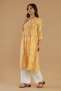 Yellow Ikat Gathered Cotton Kurta image 3