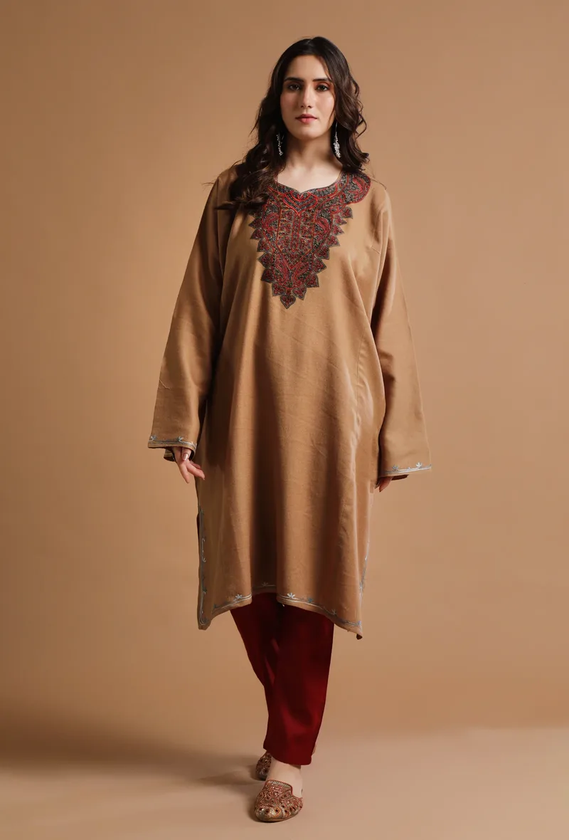 Dark Beige Kashmiri Sozni Embroidery Phiran-Free Size