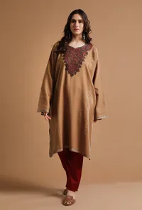 Dark Beige Kashmiri Sozni Embroidery Phiran-Free Size image 1