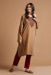 Dark Beige Kashmiri Sozni Embroidery Phiran-Free Size image 2