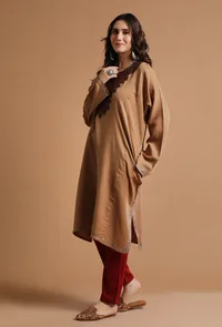 Dark Beige Kashmiri Sozni Embroidery Phiran-Free Size image 3