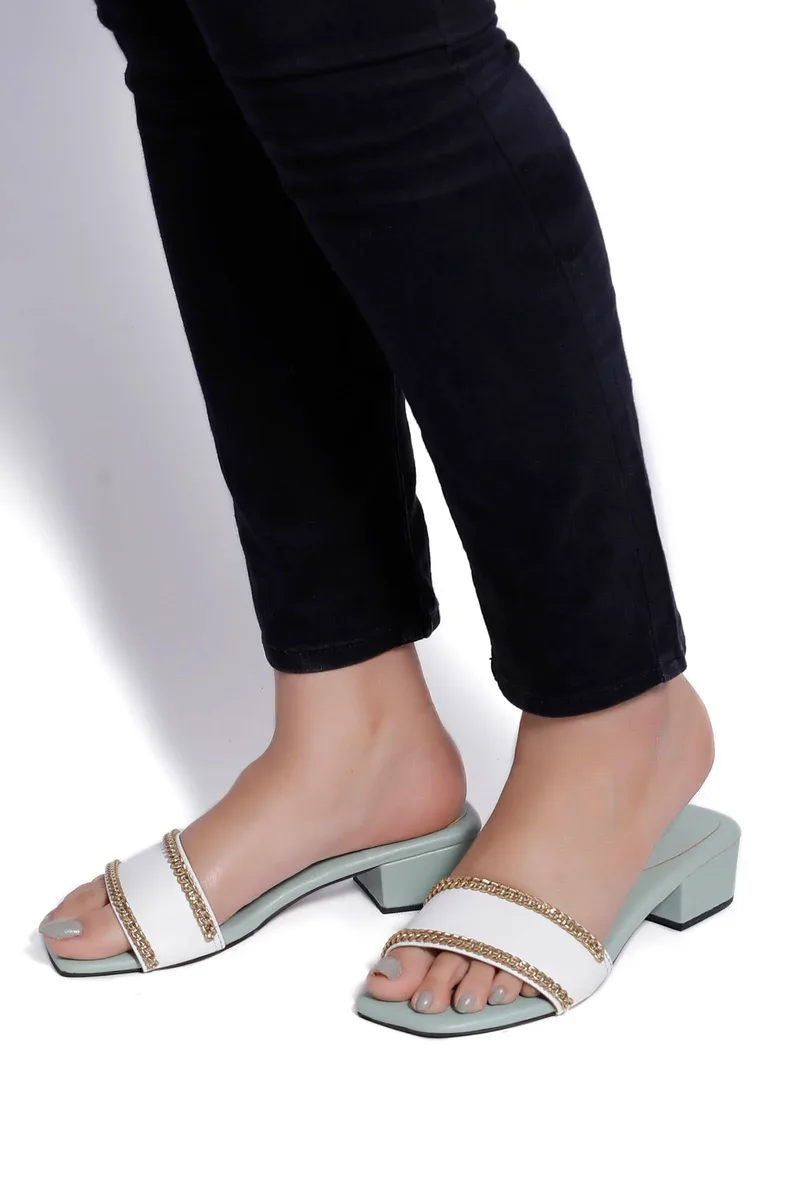 Ice Blue and White Gold Chain Cruelty-Free Leather Heels