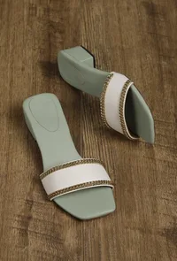 Ice Blue and White Gold Chain Cruelty-Free Leather Heels image 2