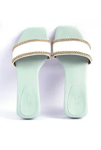 Ice Blue and White Gold Chain Cruelty-Free Leather Heels image 3