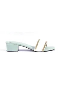 Ice Blue and White Gold Chain Cruelty-Free Leather Heels image 5