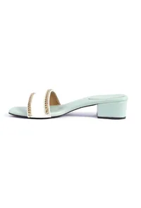 Ice Blue and White Gold Chain Cruelty-Free Leather Heels image 6