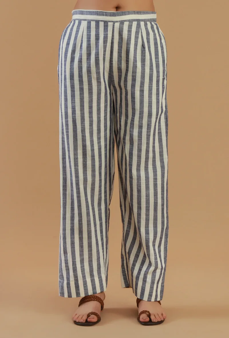 Blue & Off-White Striped Wide-Leg Cotton Pant