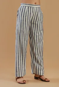Blue & Off-White Striped Wide-Leg Cotton Pant image 2