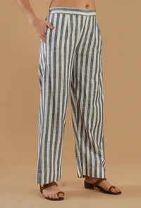 Blue & Off-White Striped Wide-Leg Cotton Pant image 3