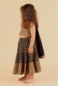 Set Of 3: Adya Khaki Ajrakh Print Cotton Top, Black Skirt & Dupatta image 2