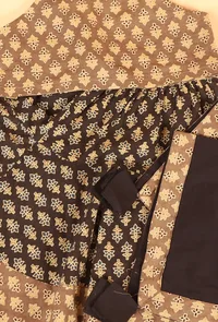 Set Of 3: Adya Khaki Ajrakh Print Cotton Top, Black Skirt & Dupatta image 4