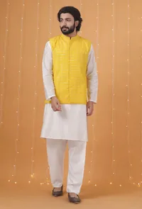 Set Of 3: Yellow Checkered Chanderi Nehru Jacket, Ivory White Kurta & Pajama image 1