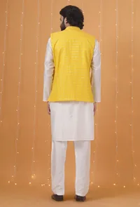 Set Of 3: Yellow Checkered Chanderi Nehru Jacket, Ivory White Kurta & Pajama image 2