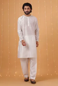 Set Of 3: Yellow Checkered Chanderi Nehru Jacket, Ivory White Kurta & Pajama image 3