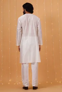 Set Of 3: Yellow Checkered Chanderi Nehru Jacket, Ivory White Kurta & Pajama image 4