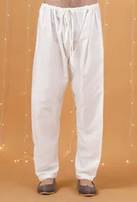 Set Of 3: Yellow Checkered Chanderi Nehru Jacket, Ivory White Kurta & Pajama image 5