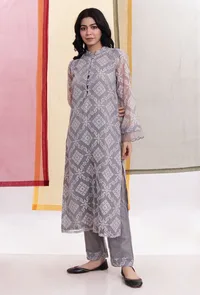 Cloud Grey Brasso Organza & Plain Organza Straight Kurta image 2