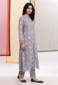 Cloud Grey Brasso Organza & Plain Organza Straight Kurta image 3