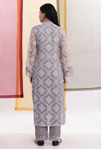 Cloud Grey Brasso Organza & Plain Organza Straight Kurta image 4