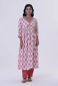 White Cotton Kurta with Pink Motif image 1