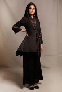 Set of 2: Black Asymmetrical Front Tie Robe with Black palazzo Pants image 2