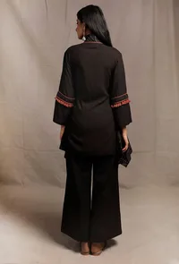 Set of 2: Black Asymmetrical Front Tie Robe with Black palazzo Pants image 3