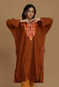 Burnt Orange Phiran with Pink and Gold Aari Embroidery- Free Size image 1