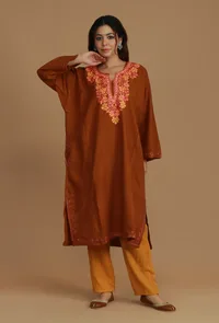 Burnt Orange Phiran with Pink and Gold Aari Embroidery- Free Size image 2
