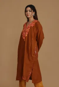 Burnt Orange Phiran with Pink and Gold Aari Embroidery- Free Size image 3