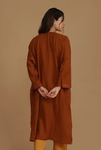 Burnt Orange Phiran with Pink and Gold Aari Embroidery- Free Size image 5