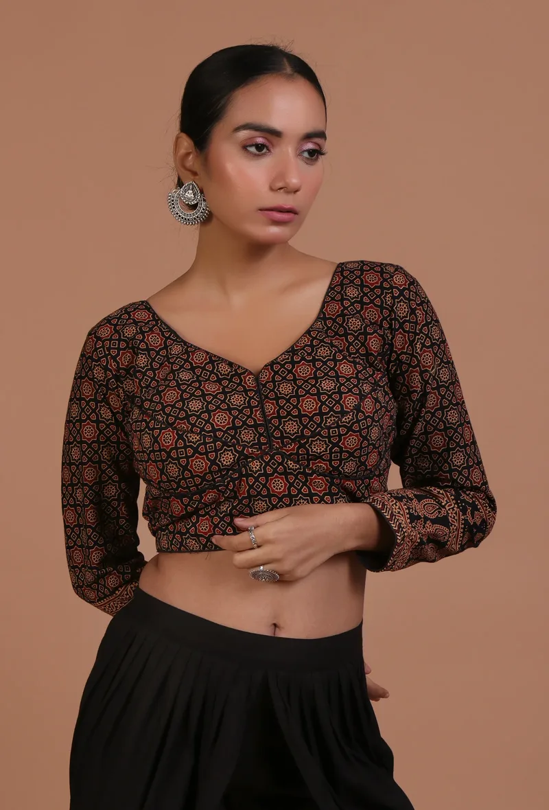 Black Cotton Ajrakh Printed Full Sleeve Blouse