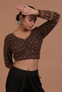 Black Cotton Ajrakh Printed Full Sleeve Blouse image 4