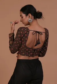 Black Cotton Ajrakh Printed Full Sleeve Blouse image 6