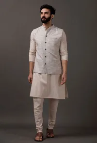Set of 3: Beige Kurta pajama with Grey Waist coat image 1