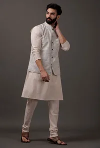 Set of 3: Beige Kurta pajama with Grey Waist coat image 2