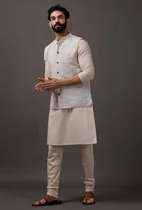 Set of 3: Beige Kurta pajama with Grey Waist coat image 3