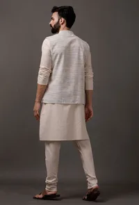 Set of 3: Beige Kurta pajama with Grey Waist coat image 4