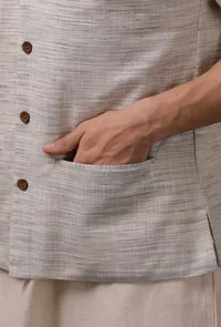 Set of 3: Beige Kurta pajama with Grey Waist coat image 6
