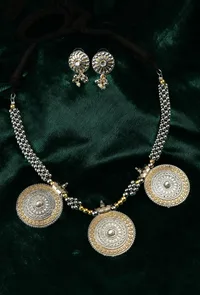 Triple Coin Oxidized Silver Statement Necklace Set image 1